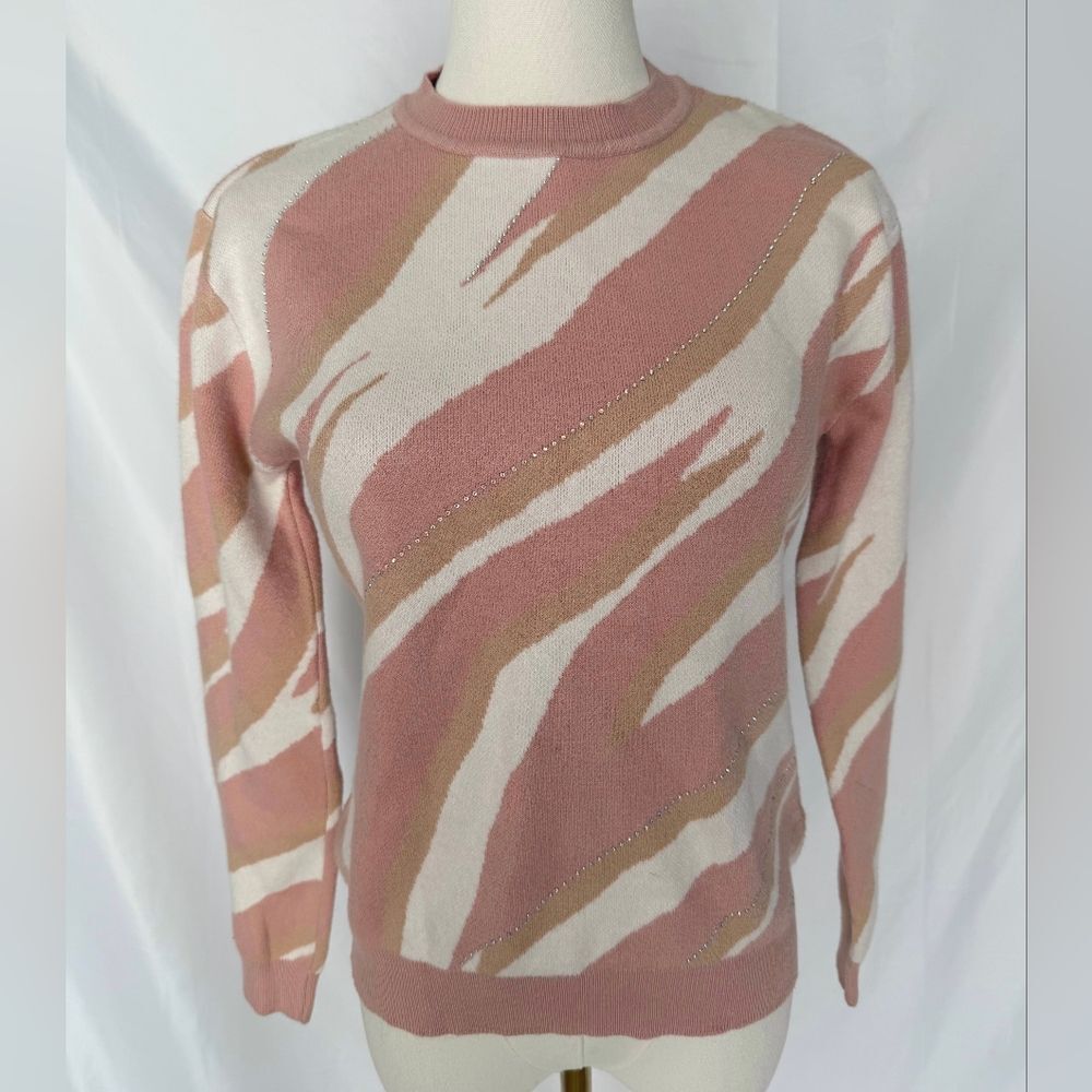 On twelfth Pink and Cream Zebra Print Sweater with Rhinestones Small